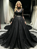 Black Tulle Long Sleeve Appliques Prom Dress