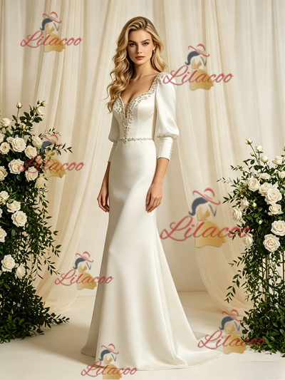 Ivory Satin Long Sleeve Beading Wedding Dress