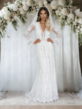 White Lace Long Sleeve V-neck Wedding Dress