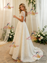 White Lace Short Sleeve Wedding Dress