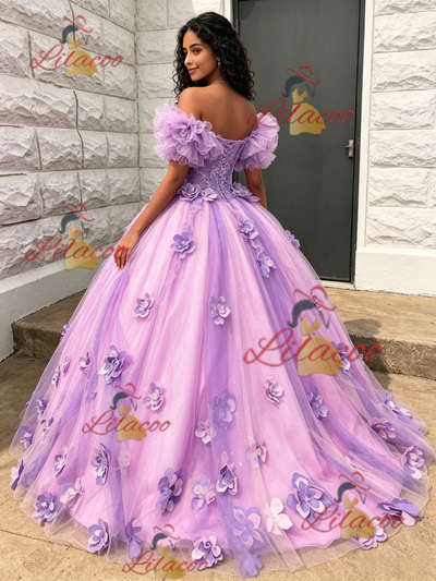 Purple Tulle Off the Shoulde 3D Flower Quinceanera Dress