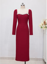 Burgundy Long Sleeve Crystal Prom Dress