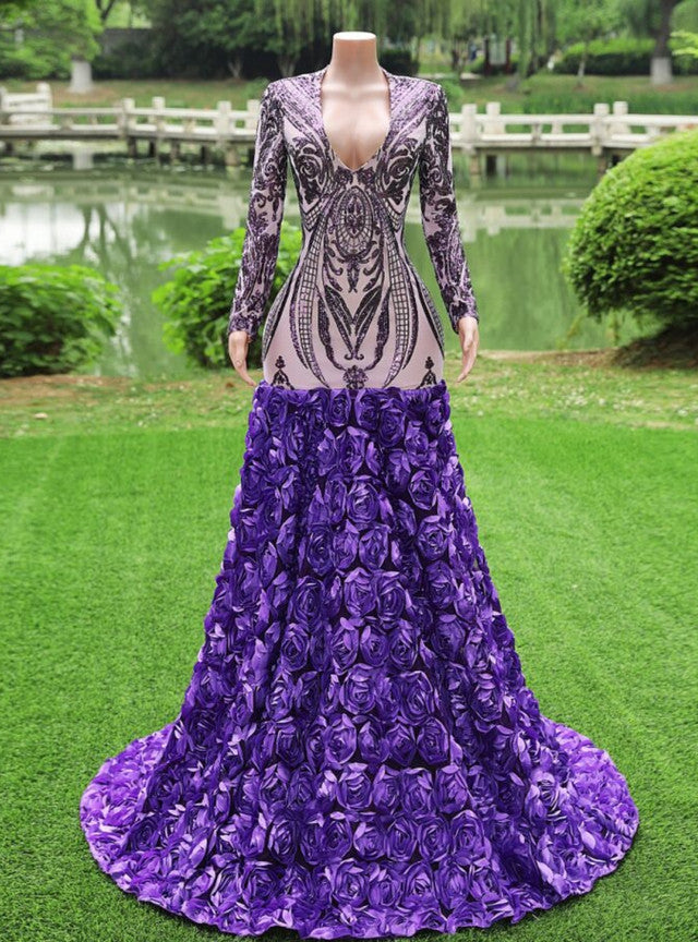Purple Mermaid Sequins V-neck Prom Dress