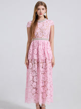 Heavy Industry Beaded Pearl Lace Short Sleeve Dress