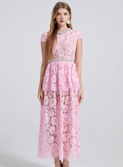 Heavy Industry Beaded Pearl Lace Short Sleeve Dress