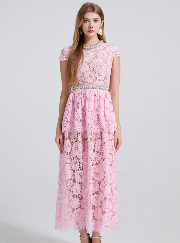 Heavy Industry Beaded Pearl Lace Short Sleeve Dress