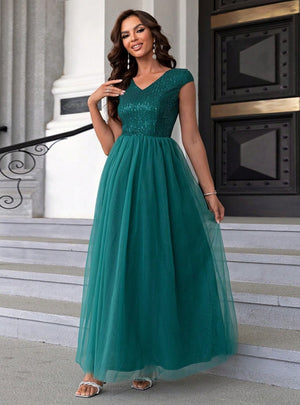 Contrast Sequined Mesh V-neck Dress