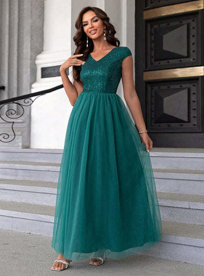 Contrast Sequined Mesh V-neck Dress