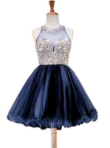 Navy Blue Beaded Crystals Homecoming Dress