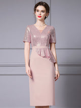 Pink Sequins V-neck Mother Of The Bride Dress