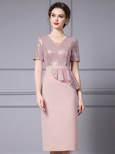 Pink Sequins V-neck Mother Of The Bride Dress