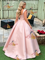 Pink Satin Straps Beading Prom Dress