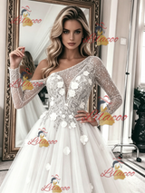 White Tulle Long Sleeve Flower Wedding Dress