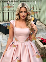 Pink Satin Straps Beading Prom Dress