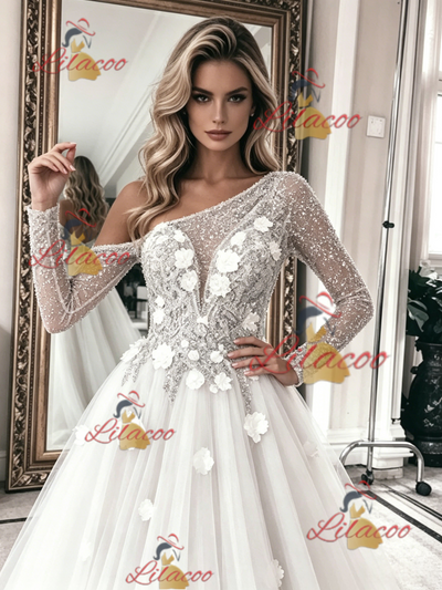 White Tulle Long Sleeve Flower Wedding Dress