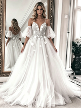 White Tulle Lace Spaghetti Straps Wedding Dress