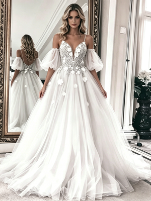 White Tulle Lace Spaghetti Straps Wedding Dress