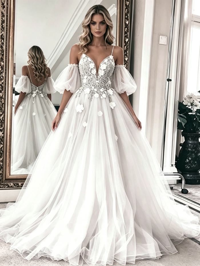 White Tulle Lace Spaghetti Straps Wedding Dress