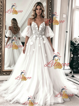 White Tulle Lace Spaghetti Straps Wedding Dress