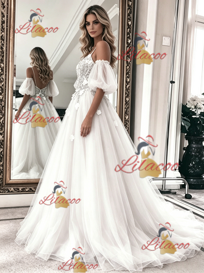 White Tulle Lace Spaghetti Straps Wedding Dress