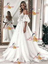 White Tulle Lace Spaghetti Straps Wedding Dress