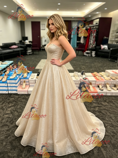 Gold Sequins Strapless Prom Dress