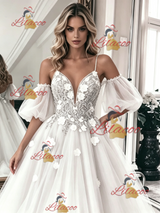White Tulle Lace Spaghetti Straps Wedding Dress