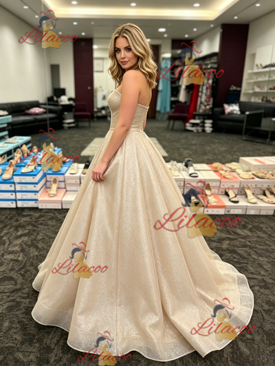 Gold Sequins Strapless Prom Dress