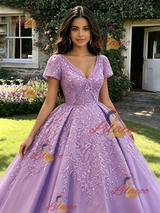 Purple V-neck Short Sleeve Appliques Quinceanera Dress