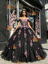 Black Tulle Off the Shoulder Appliques Quinceanera Dress