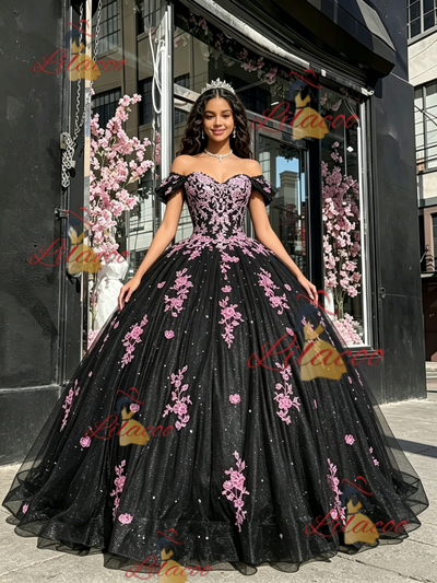 Black Tulle Off the Shoulder Appliques Quinceanera Dress