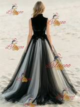 Black Tulle High Neck Appliques Wedding Dress