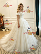 Beige White Tulle Off the Shoulder Wedding Dress
