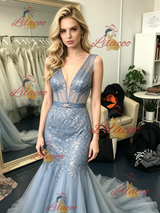 Blue Gray Mermaid Tulle Prom Dress