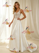 Beige White Satin Straps Appliques Wedding Dress