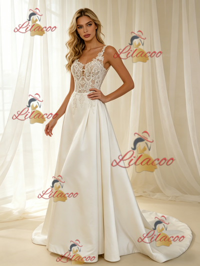 Beige White Satin Straps Appliques Wedding Dress