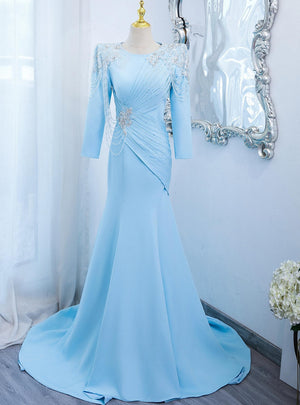 Blue Mermaid Pleats Beading Long Sleeve Prom Dress