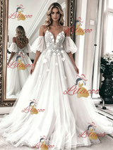 White Tulle Lace Spaghetti Straps Wedding Dress