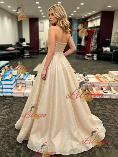 Gold Sequins Strapless Prom Dress