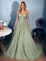 Green Lace Straps Long Sleeve Prom Dress