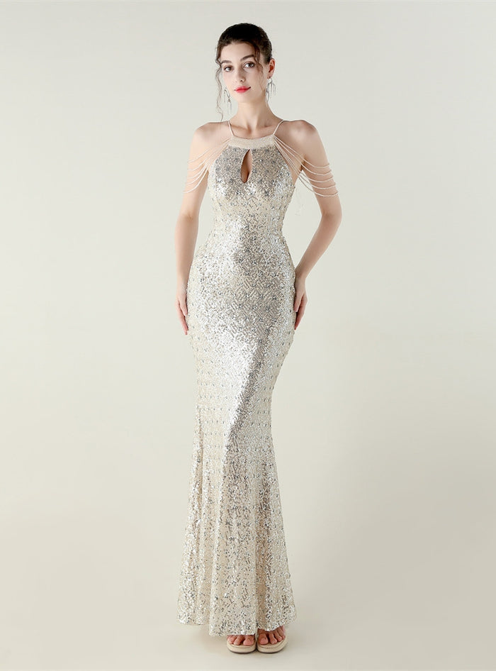 Mermaid Sequins Halter Beading Prom Dress