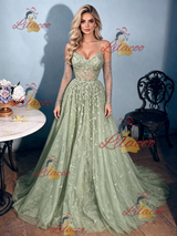 Green Lace Straps Long Sleeve Prom Dress