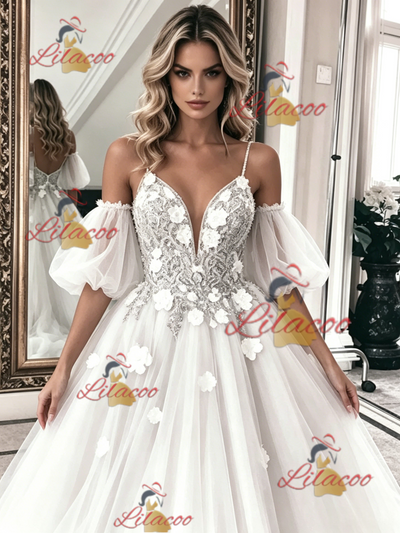 White Tulle Lace Spaghetti Straps Wedding Dress