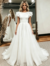 White Scoop Neck Backless Wedding Dress