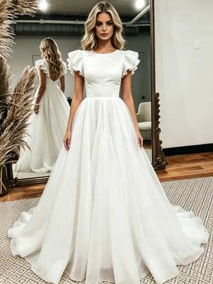White Scoop Neck Backless Wedding Dress