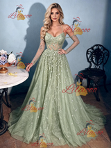 Green Lace Straps Long Sleeve Prom Dress