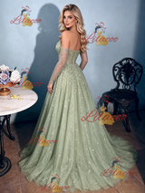 Green Lace Straps Long Sleeve Prom Dress