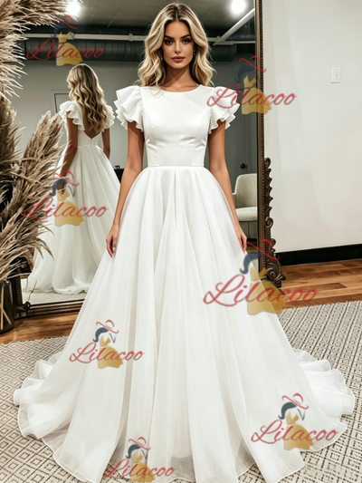 White Scoop Neck Backless Wedding Dress