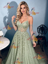 Green Lace Straps Long Sleeve Prom Dress