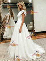 White Scoop Neck Backless Wedding Dress